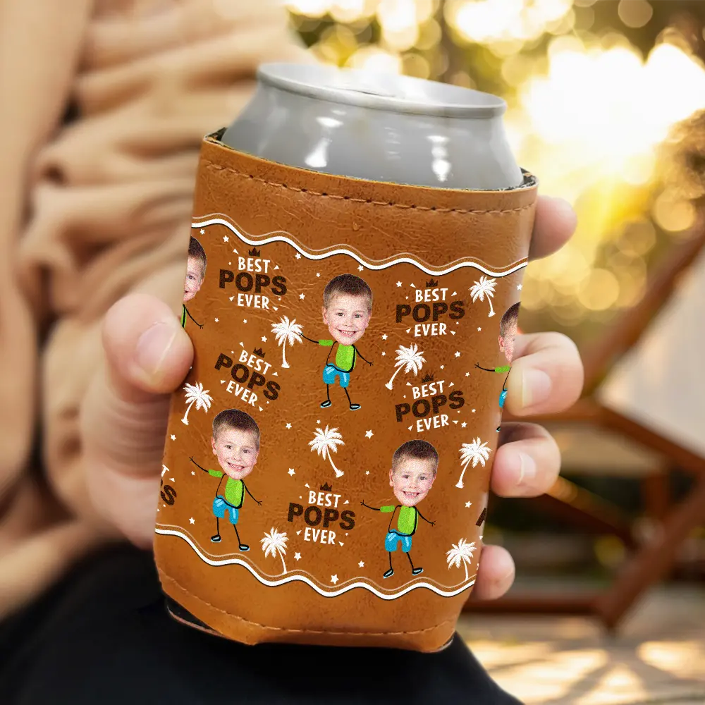 Gift For Father,Gift For Grandpa - Custom Photo Best Dad Grandpa Ever - Personalized Leather Can Cooler