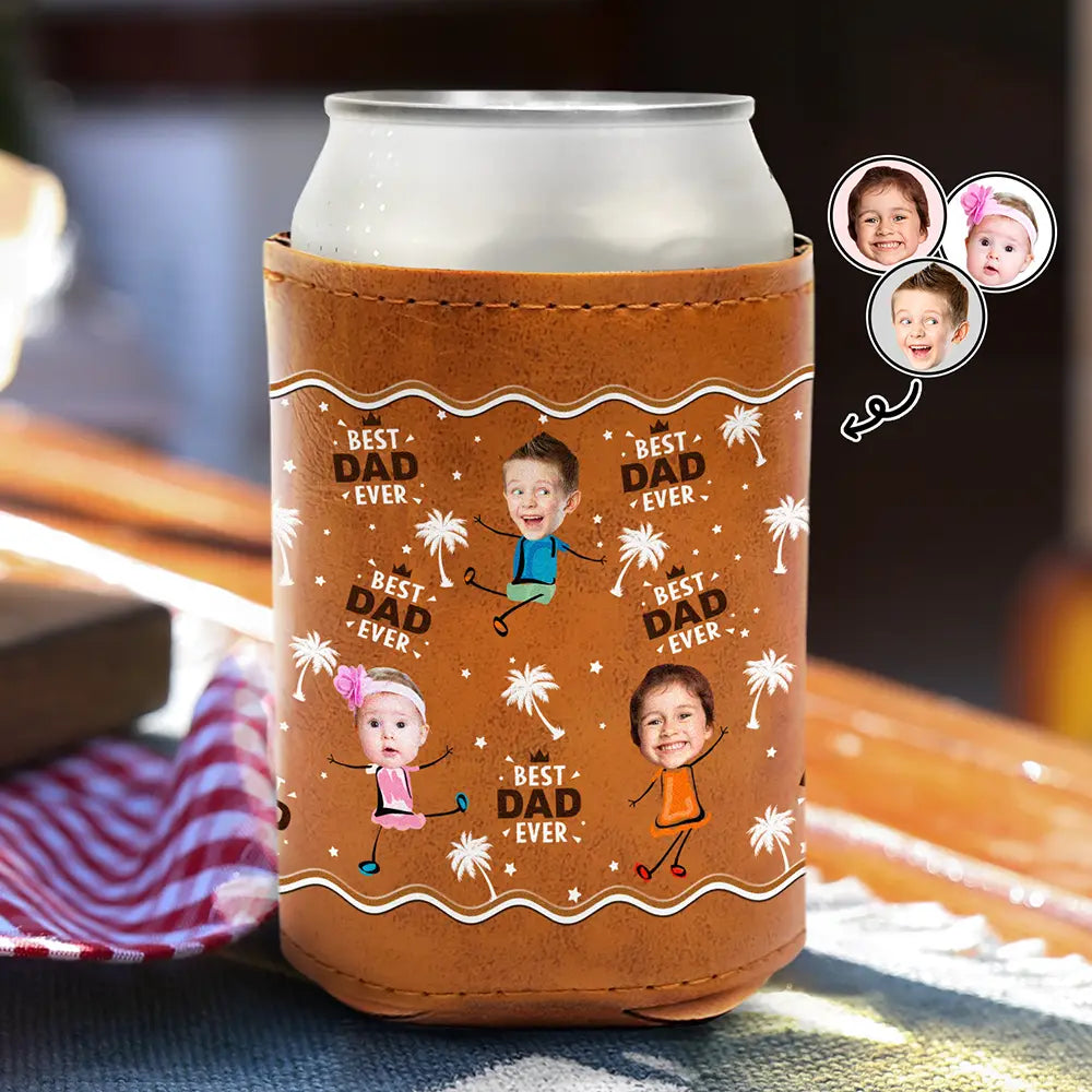 Gift For Father,Gift For Grandpa - Custom Photo Best Dad Grandpa Ever - Personalized Leather Can Cooler