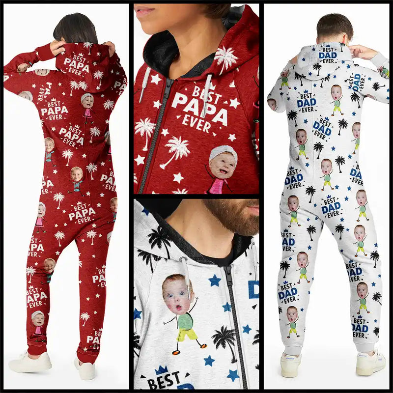 Gift For Grandpa,Gift For Father,Happy,Custom Photo - Custom Photo Best Dad Grandpa Ever - Personalized Overall Onesie Hooded Jumpsuit