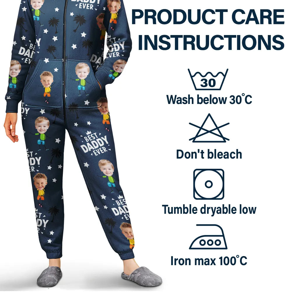 Gift For Grandpa,Gift For Father,Happy,Custom Photo - Custom Photo Best Dad Grandpa Ever - Personalized Overall Onesie Hooded Jumpsuit