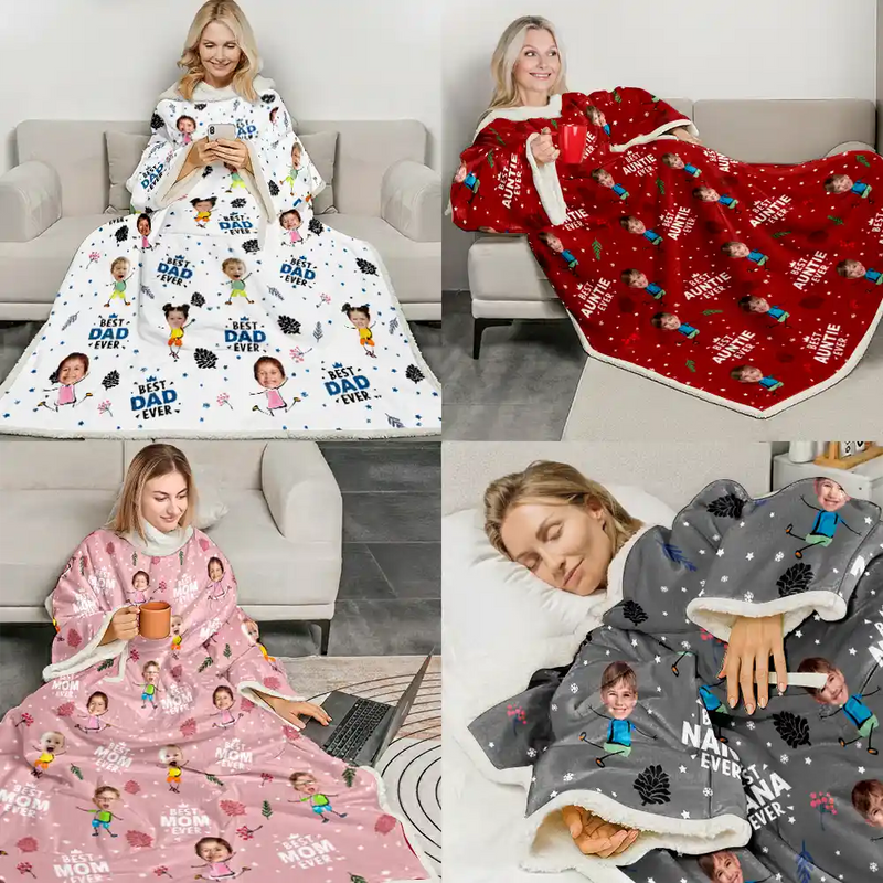 Gift For Grandma, Gift For Grandpa, Custom Photo, Happy - Custom Photo Best Dad Grandpa Mom Grandma Ever - Personalized Wearable Blanket With Sleeves
