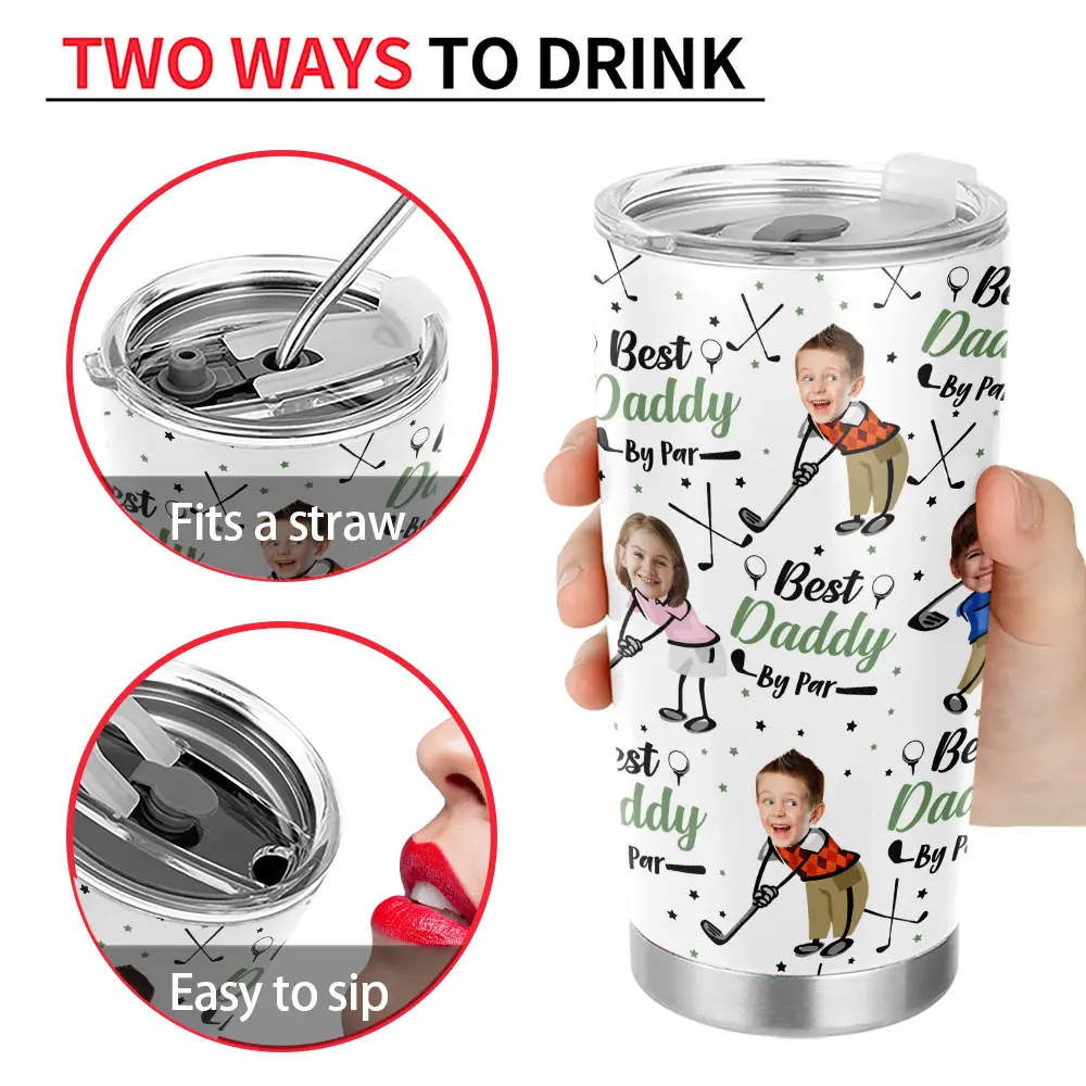 Gift For Father,Sport Dad,Dad's Hobby,Golf,Happy - Custom Photo Best Dad Papa By Par Funny Kids - Personalized Tumbler