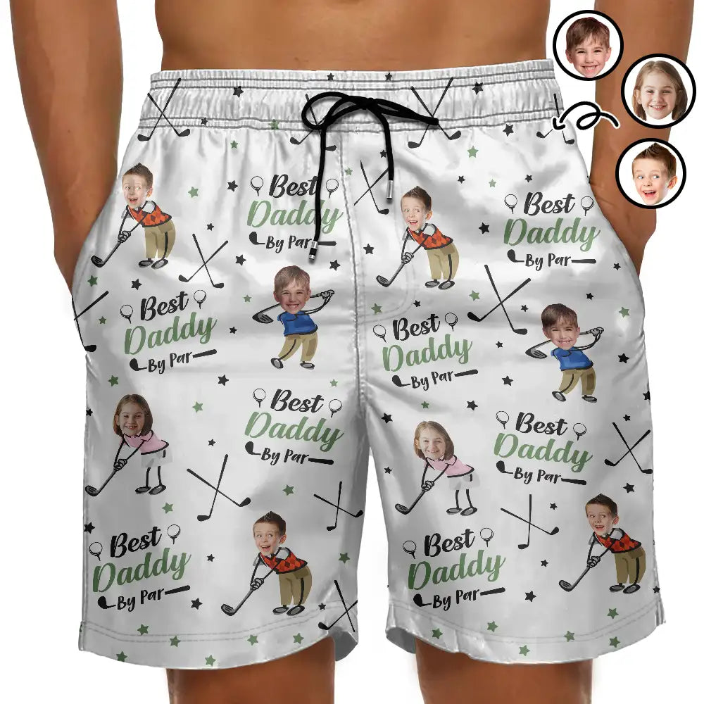 Gift For Father,Sport Dad,Dad's Hobby,Golf,Happy - Custom Photo Best Dad Papa By Par Funny Kids - Personalized Unisex Beach Shorts