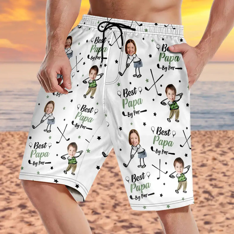 Gift For Father,Sport Dad,Dad's Hobby,Golf,Happy - Custom Photo Best Dad Papa By Par Funny Kids - Personalized Unisex Beach Shorts