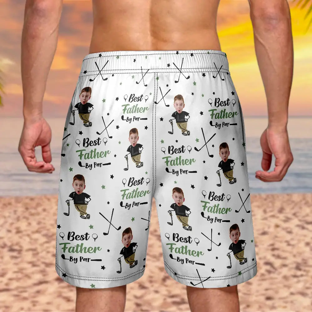 Gift For Father,Sport Dad,Dad's Hobby,Golf,Happy - Custom Photo Best Dad Papa By Par Funny Kids - Personalized Unisex Beach Shorts
