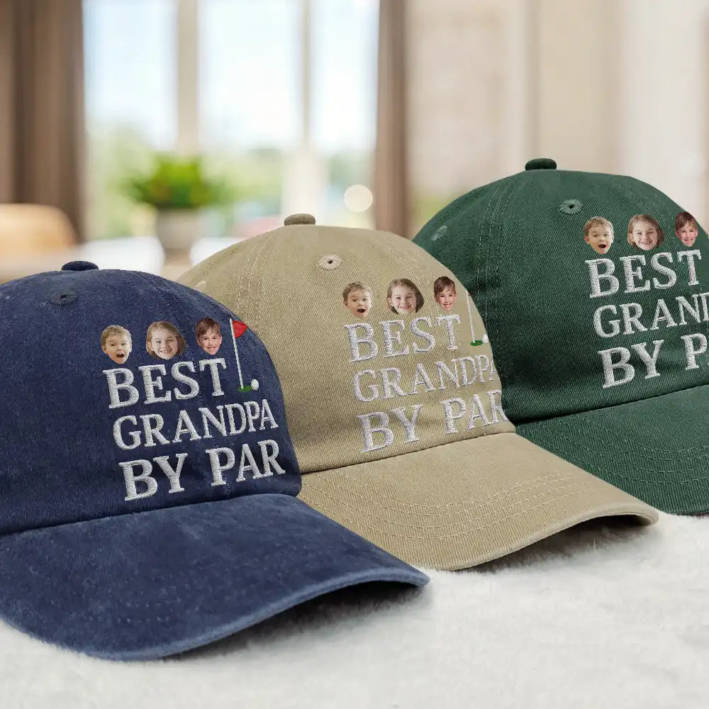 Gift For Father,Gift For Husband,Golf,Dad's Hobby,Gift For Men,Gift For Yourself - Custom Photo Best Daddy By Par - Personalized Vintage Washed Denim Cap