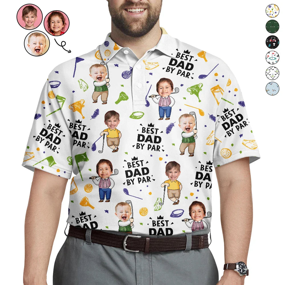 Happy,Sport Dad,Golf,Gift For Father,Gift For Men - Custom Photo Best Daddy By Par Cartoon Kid - Personalized Polo Shirt