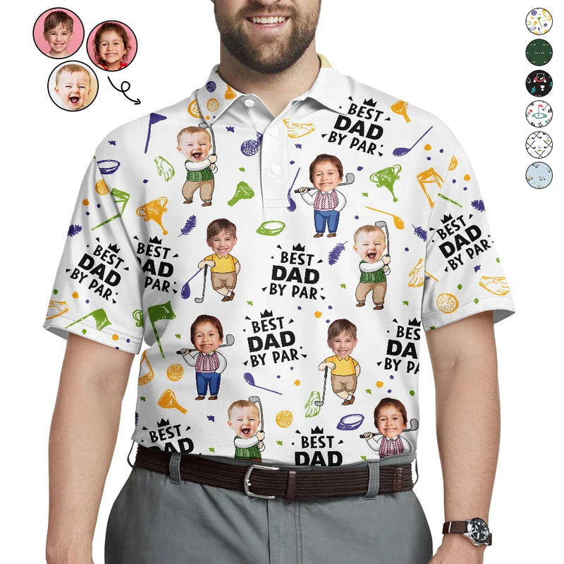 Happy,Sport Dad,Golf,Gift For Father,Gift For Men - Custom Photo Best Daddy By Par Cartoon Kid - Personalized Polo Shirt