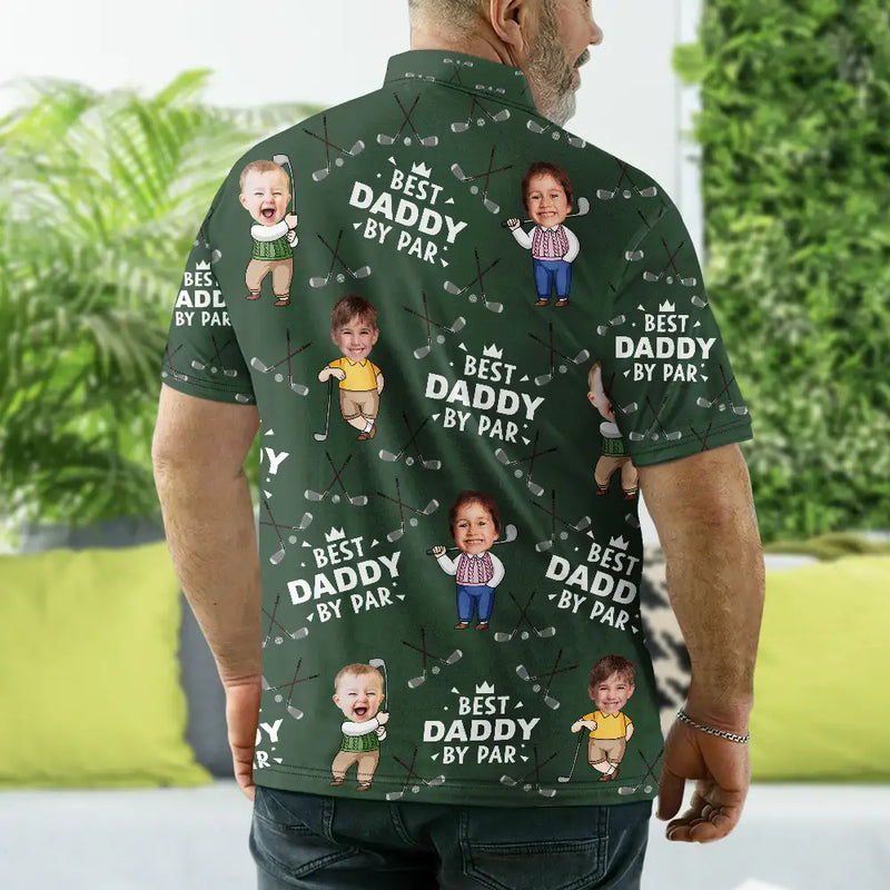Happy,Sport Dad,Golf,Gift For Father,Gift For Men - Custom Photo Best Daddy By Par Cartoon Kid - Personalized Polo Shirt