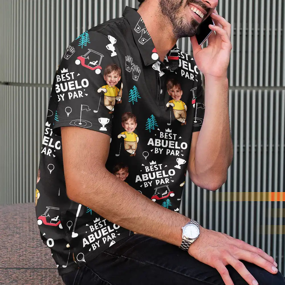 Happy,Sport Dad,Golf,Gift For Father,Gift For Men - Custom Photo Best Daddy By Par Cartoon Kid - Personalized Polo Shirt