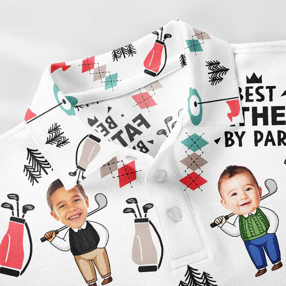 Happy,Sport Dad,Golf,Gift For Father,Gift For Men - Custom Photo Best Daddy By Par Cartoon Kid - Personalized Polo Shirt