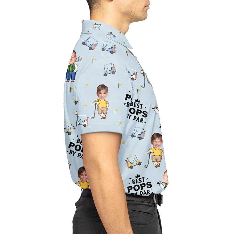Happy,Sport Dad,Golf,Gift For Father,Gift For Men - Custom Photo Best Daddy By Par Cartoon Kid - Personalized Polo Shirt