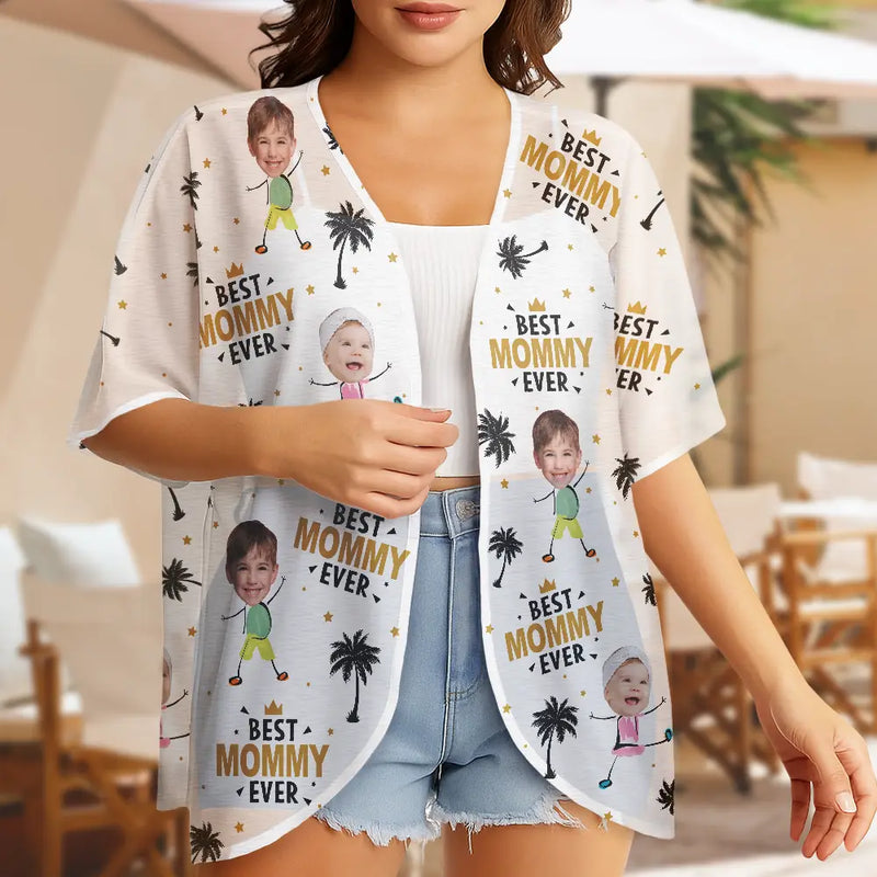 Summer,Gift For Wife,Gift For Women,Happy,Beach,Gift For Mother,Gift For Grandma - Custom Photo Best Mom Ever Coconut Palm - Personalized Women Kimono Cardigan