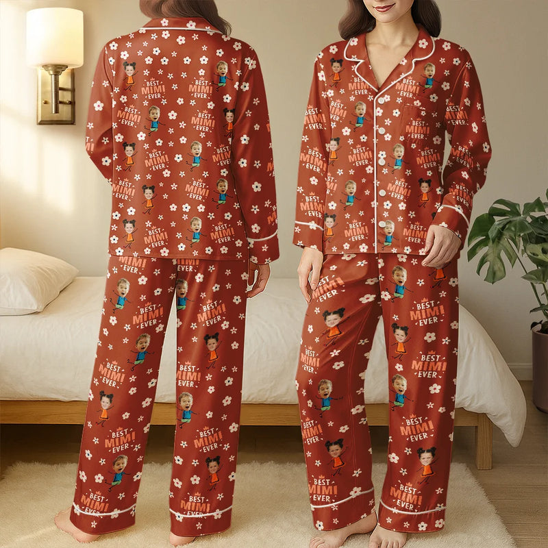 Happy,Gift For Grandma,Gift For Mother,Gift For Wife,Gift For Women,Gift For Yourself - Custom Photo Best Mom Grandma Ever Flower Pattern - Personalized Satin Pajama Set