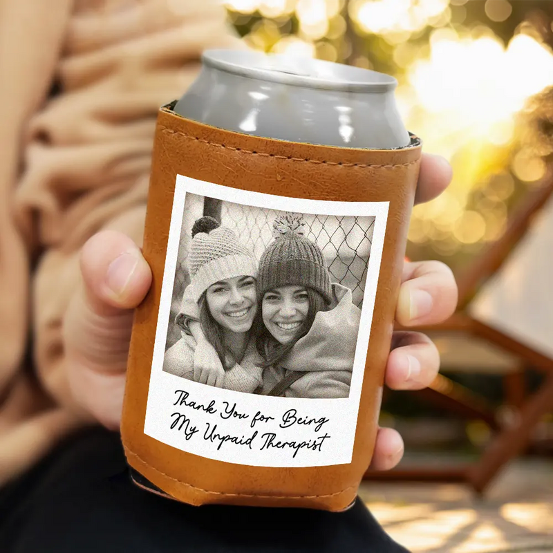 Gift For Bestie,Gift For Sisters,Happy,Custom Photo,Old Best friends - Custom Photo Besties Gray Scale Right In The Throat - Personalized Leather Can Cooler