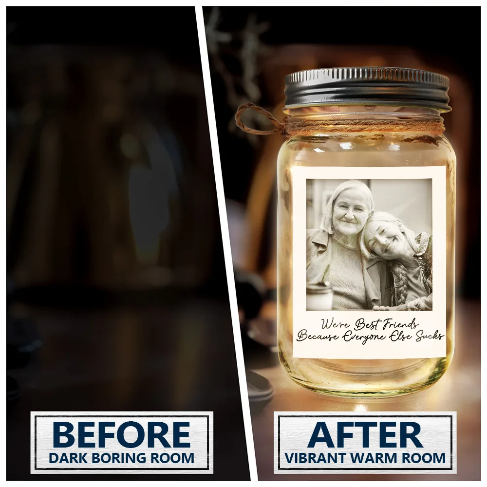 Gift For Bestie,Gift For Sisters,Happy,Custom Photo,Old Best friends - Custom Photo Besties Gray Scale Right In The Throat - Personalized Mason Jar Light