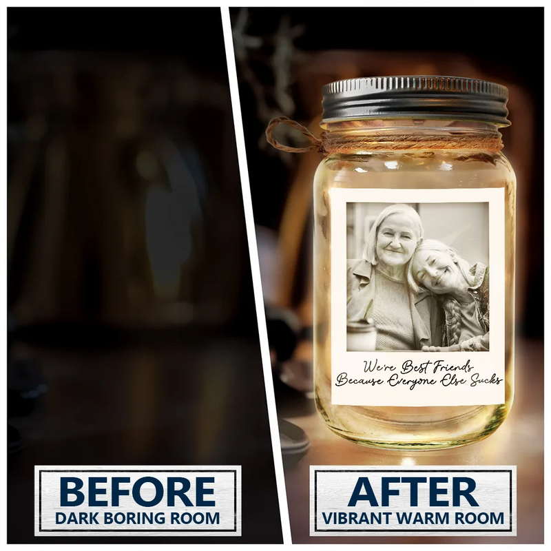 Gift For Bestie,Gift For Sisters,Happy,Custom Photo,Old Best friends - Custom Photo Besties Gray Scale Right In The Throat - Personalized Mason Jar Light