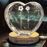 Gift For Grandma,Gift For Mother,Gift For Wife,Happy - Custom Photo Birth Flower Grandma's Garden - Personalized Crystal Heart Shaped Lamp
