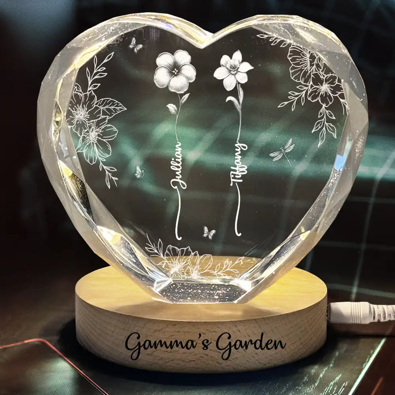 Gift For Grandma,Gift For Mother,Gift For Wife,Happy - Custom Photo Birth Flower Grandma's Garden - Personalized Crystal Heart Shaped Lamp