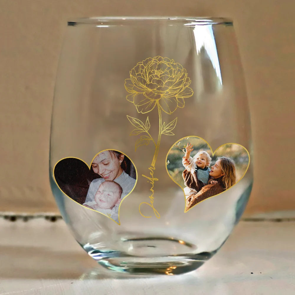 Gift For Daughter,Mom,Daughters - Custom Photo Birth Flower Watching You Be A Mom - Personalized Stemless Wine Glass
