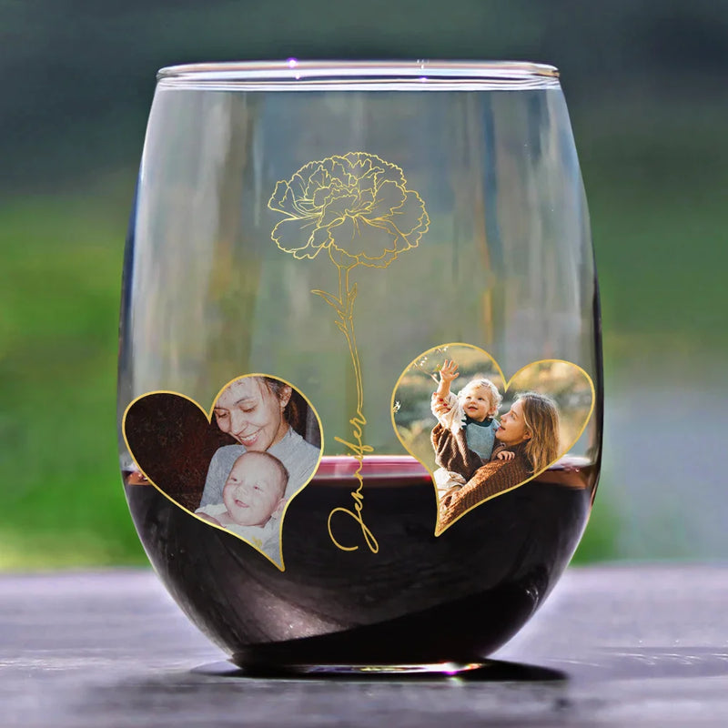 Gift For Daughter,Mom,Daughters - Custom Photo Birth Flower Watching You Be A Mom - Personalized Stemless Wine Glass
