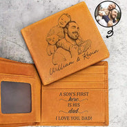 Gift For Father,Custom Photo,Art Design,Grateful,Photo - Pencil Sketch - Bold - Custom Photo Bold Sketch A Son Daughter's First Hero - Personalized Engraved Leather Wallet