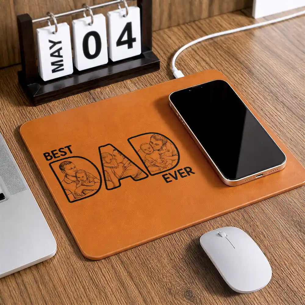 Gift For Husband,Gift For Yourself,Gift For Men,Gift For Father,Non-Eng,Photo - Pencil Sketch (Bold),Cozy - Custom Photo Bold Sketch Best Dad Ever - Personalized Leather Charging Mat