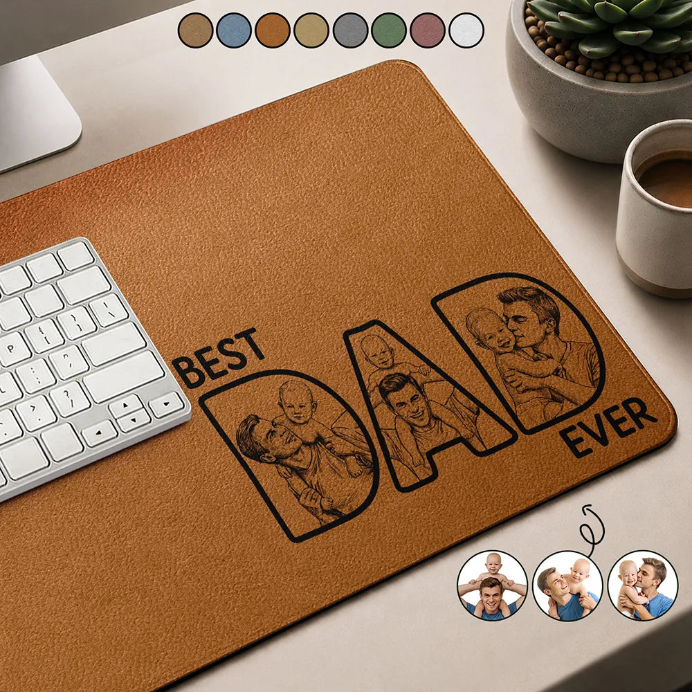 Gift For Husband,Gift For Yourself,Gift For Men,Gift For Father,Non-Eng,Photo - Pencil Sketch (Bold),Cozy - Custom Photo Bold Sketch Best Dad Ever - Personalized Leather Desk Mat