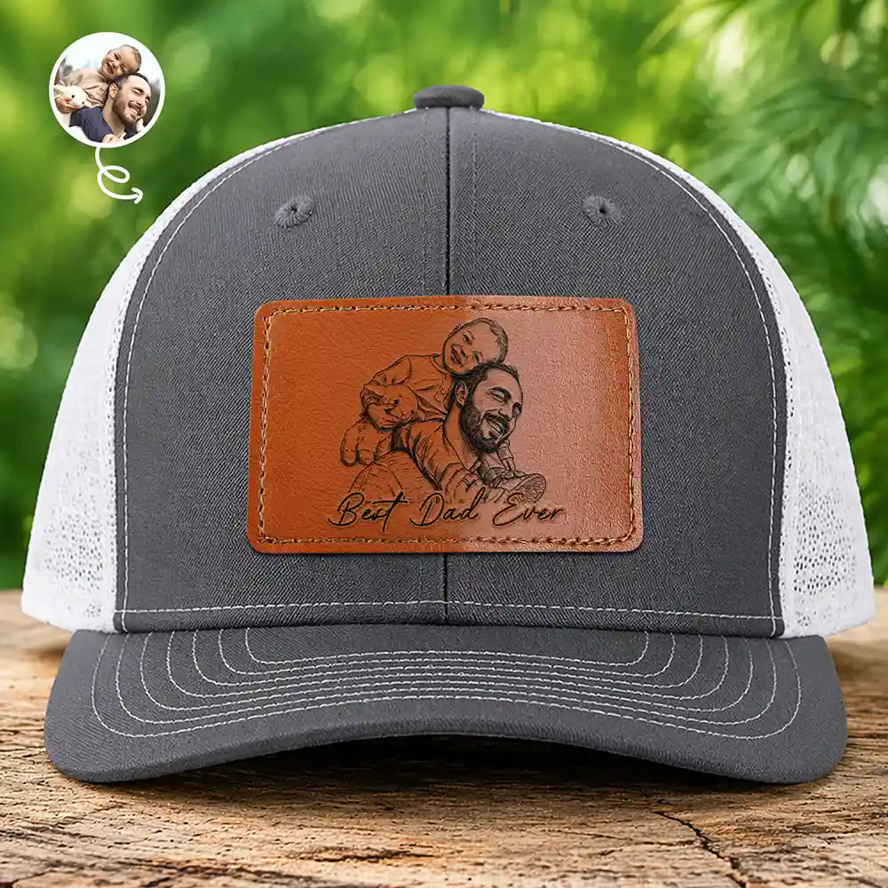 Gift For Father,Gift For Grandpa,Non-Eng,Photo - Pencil Sketch (Bold),Adorable - Custom Photo Bold Sketch Best Dad Grandpa Ever Family Portrait - Personalized Leather Patch Hat