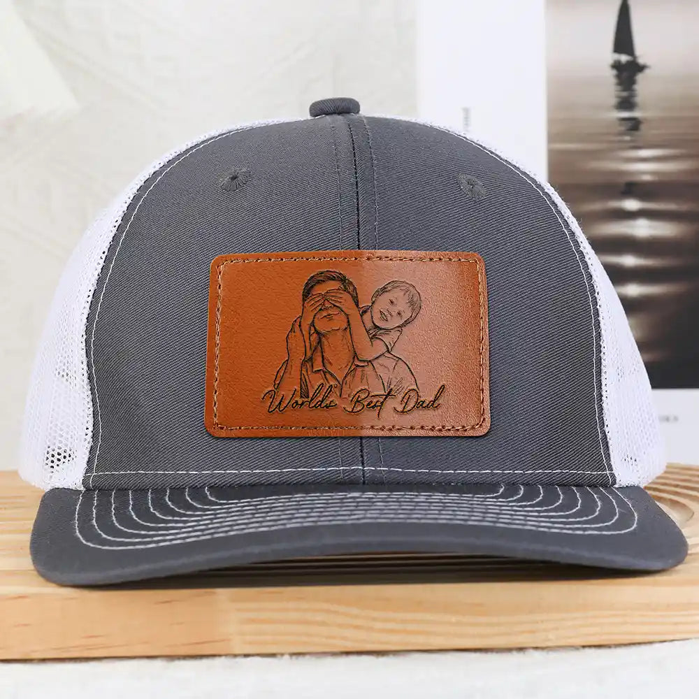 Gift For Father,Gift For Grandpa,Non-Eng,Photo - Pencil Sketch (Bold),Adorable - Custom Photo Bold Sketch Best Dad Grandpa Ever Family Portrait - Personalized Leather Patch Hat