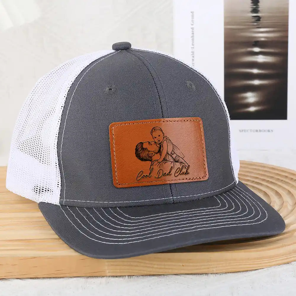 Gift For Father,Gift For Grandpa,Non-Eng,Photo - Pencil Sketch (Bold),Adorable - Custom Photo Bold Sketch Best Dad Grandpa Ever Family Portrait - Personalized Leather Patch Hat
