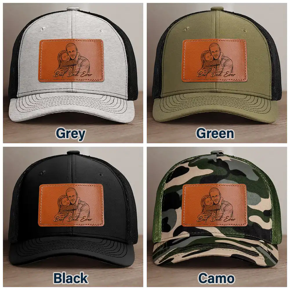 Gift For Father,Gift For Grandpa,Non-Eng,Photo - Pencil Sketch (Bold),Adorable - Custom Photo Bold Sketch Best Dad Grandpa Ever Family Portrait - Personalized Leather Patch Hat