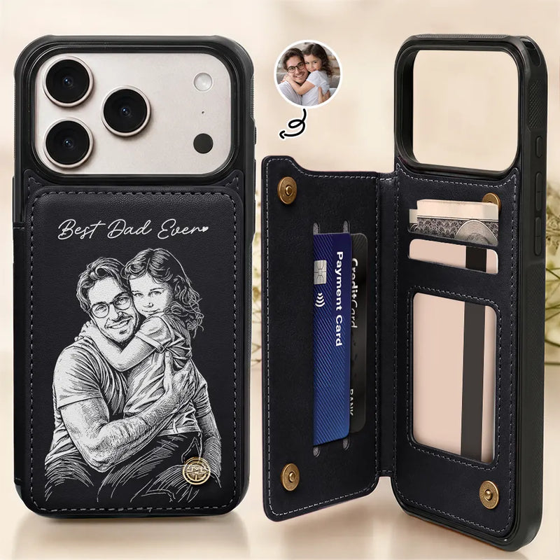 Gift For Father,Gift For Grandpa,Non-Eng,Photo - Pencil Sketch (Bold),Proud - Custom Photo Bold Sketch Best Dad Grandpa Ever Family Portrait - Personalized Leather Flip Wallet Phone Case