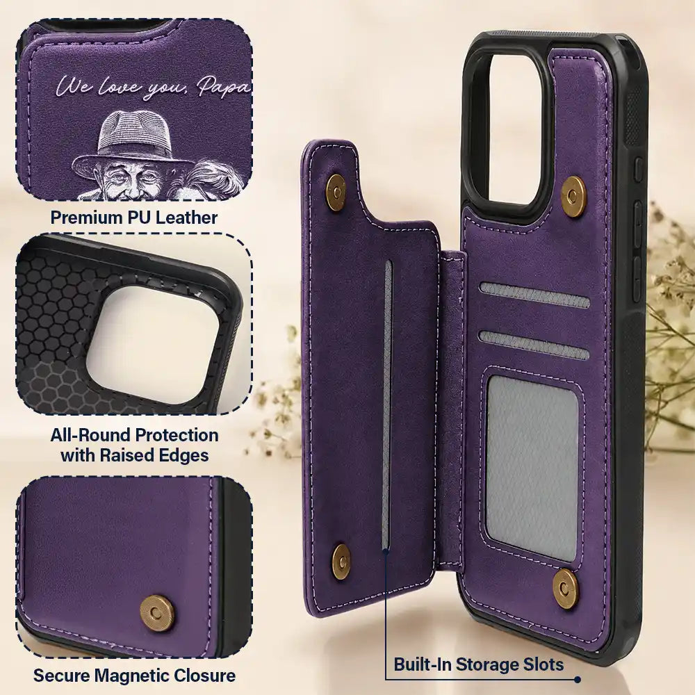 Gift For Father,Gift For Grandpa,Non-Eng,Photo - Pencil Sketch (Bold),Proud - Custom Photo Bold Sketch Best Dad Grandpa Ever Family Portrait - Personalized Leather Flip Wallet Phone Case