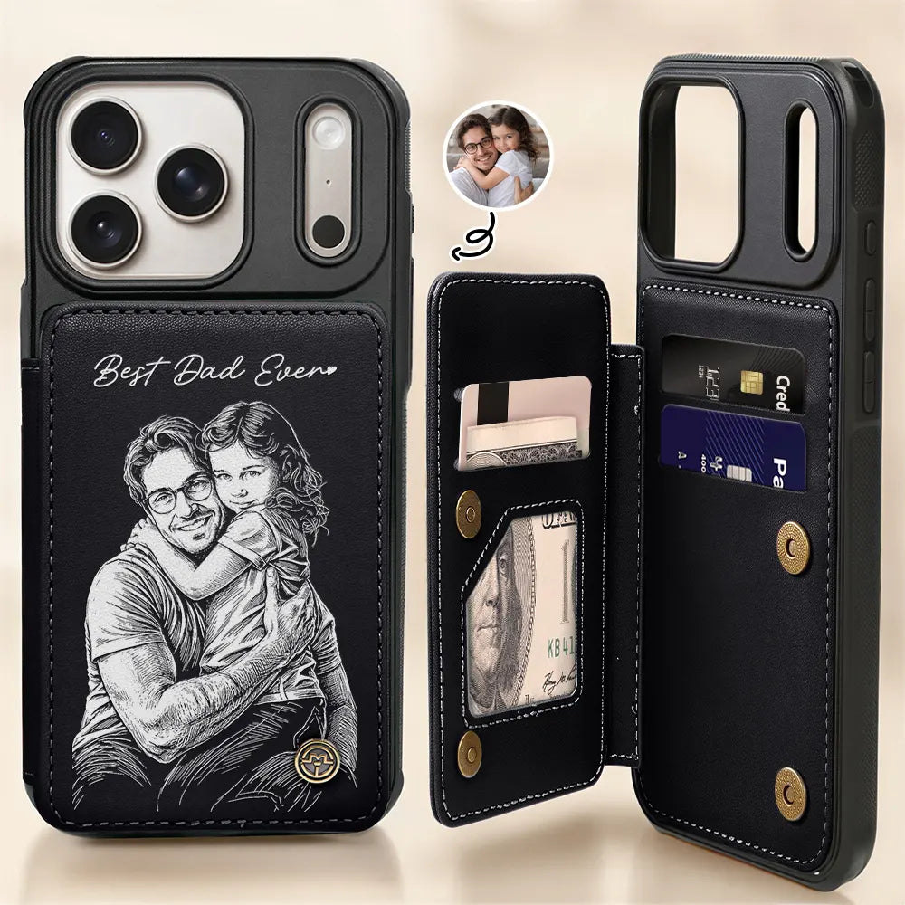 Custom Photo Bold Sketch Best Dad Grandpa Ever Family Portrait - Personalized Leather Flip Wallet Phone Case