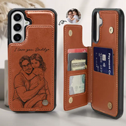 Gift For Father,Gift For Grandpa,Non-Eng,Photo - Pencil Sketch (Bold),Proud - Custom Photo Bold Sketch Best Dad Grandpa Ever Family Portrait - Personalized Leather Flip Wallet Phone Case