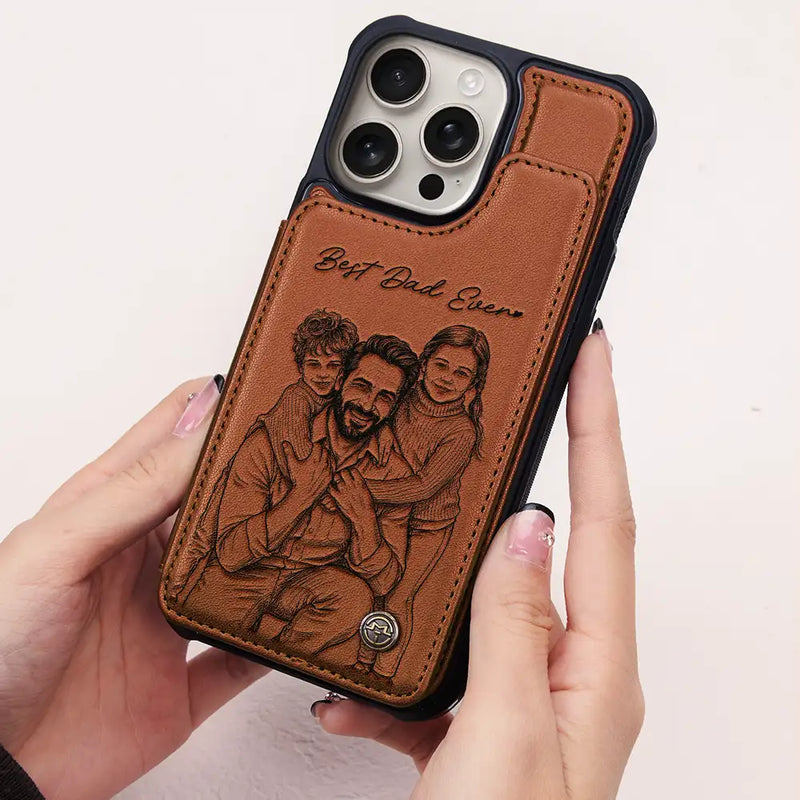 Gift For Father,Gift For Grandpa,Non-Eng,Photo - Pencil Sketch (Bold),Proud - Custom Photo Bold Sketch Best Dad Grandpa Ever Family Portrait - Personalized Leather Flip Wallet Phone Case