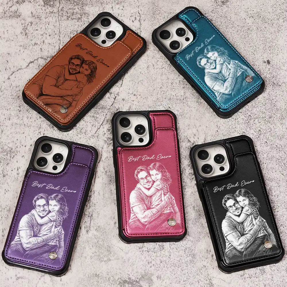 Gift For Father,Gift For Grandpa,Non-Eng,Photo - Pencil Sketch (Bold),Proud - Custom Photo Bold Sketch Best Dad Grandpa Ever Family Portrait - Personalized Leather Flip Wallet Phone Case
