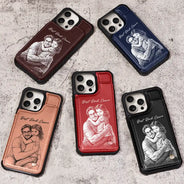 Gift For Father,Gift For Grandpa,Non-Eng,Photo - Pencil Sketch (Bold),Proud - Custom Photo Bold Sketch Best Dad Grandpa Ever Family Portrait - Personalized Leather Flip Wallet Phone Case