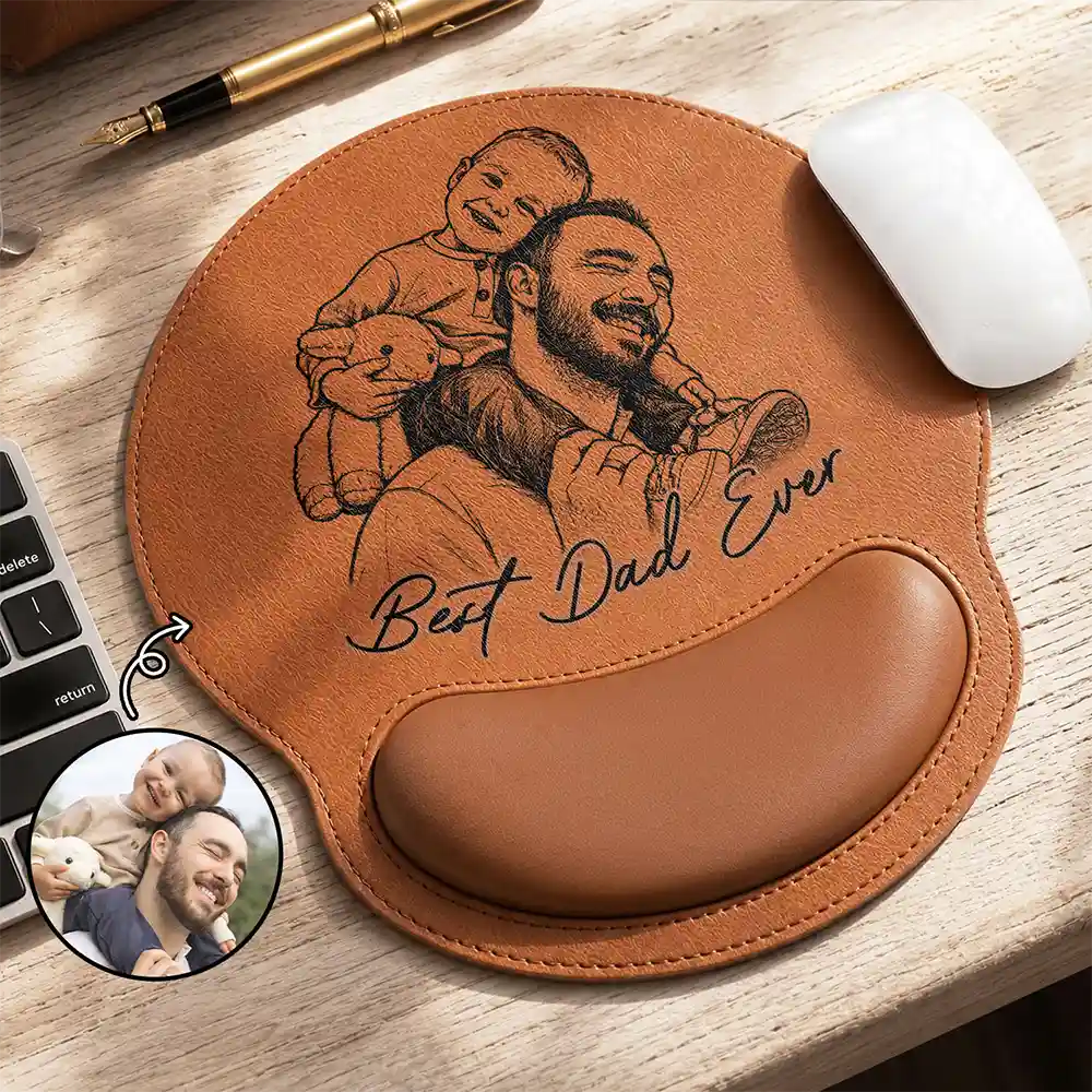 Custom Photo Bold Sketch Best Dad Papa Ever - Personalized Leather Mouse Pad