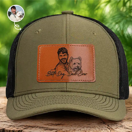 Custom Photo Bold Sketch Best Dog Dad Ever - Personalized Leather Patch Hat