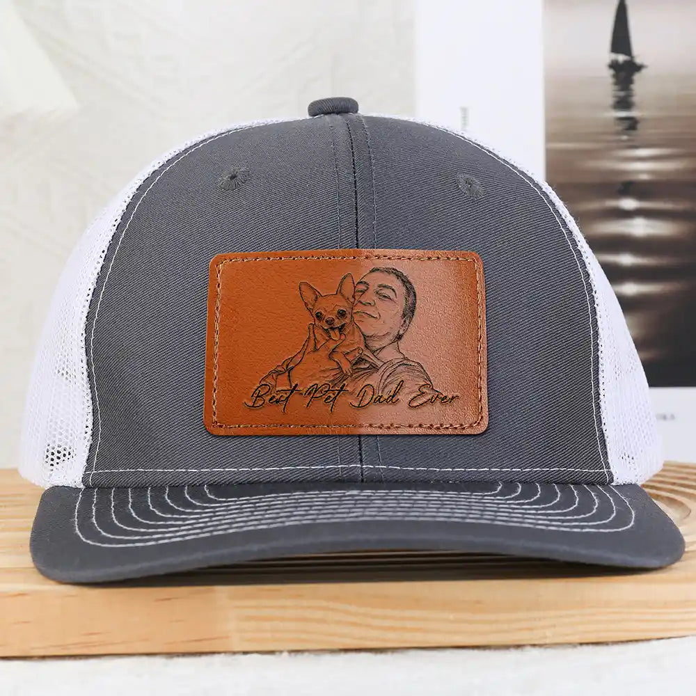 Pet Lovers,Pet Dad,Dog Lovers,Dog Dad,Cat Lovers,Cat Dad,Non-Eng,Photo - Pencil Sketch (Bold),Adorable - Custom Photo Bold Sketch Best Dog Dad Ever - Personalized Leather Patch Hat