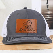 Pet Lovers,Pet Dad,Dog Lovers,Dog Dad,Cat Lovers,Cat Dad,Non-Eng,Photo - Pencil Sketch (Bold),Adorable - Custom Photo Bold Sketch Best Dog Dad Ever - Personalized Leather Patch Hat