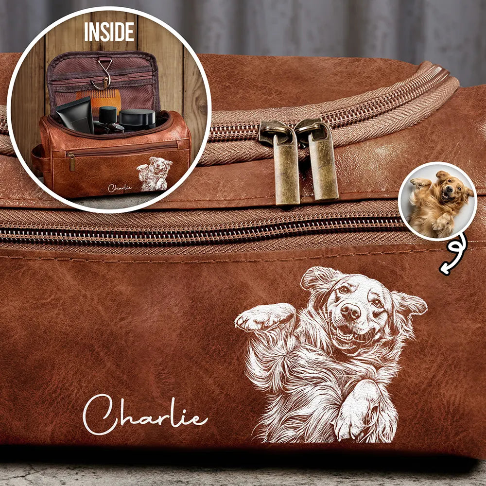 Custom Photo Bold Sketch Besties Family Pet Funny Portrait - Personalized Leather Toiletry Bag