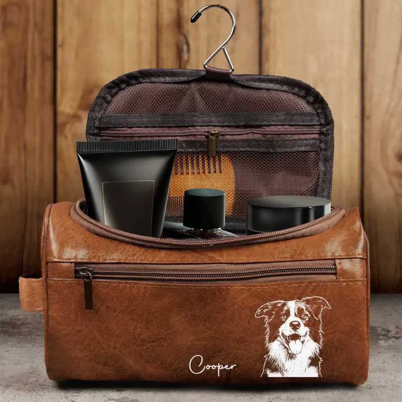 Custom Photo,Beach,Art Design,Summer,Pet Lovers,Playful,Photo - Pencil Sketch - Bold - Custom Photo Bold Sketch Besties Family Pet Funny Portrait - Personalized Leather Toiletry Bag
