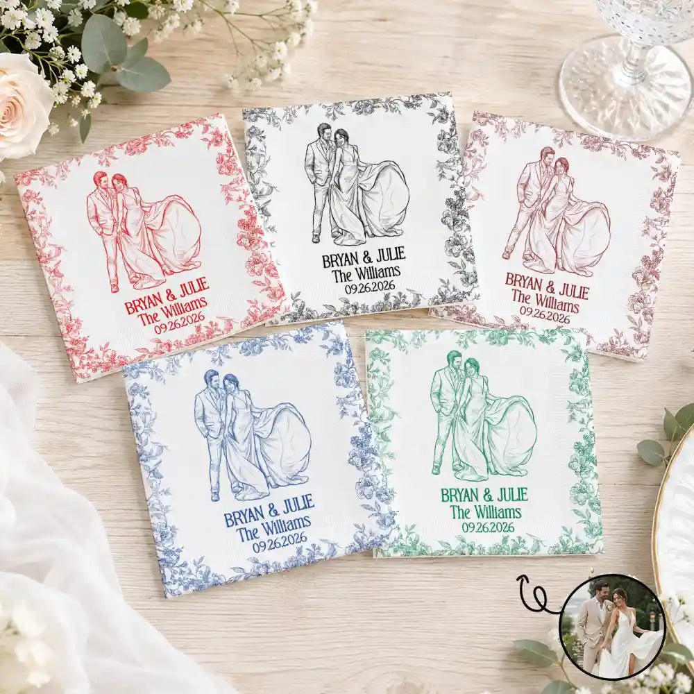 Custom Photo Bold Sketch Couples Wedding Engaged Bachelor Bachelorette Party - Personalized Cocktail Napkins