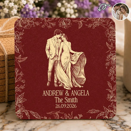 Custom Photo Bold Sketch Couples Wedding Engaged Bachelor Party - Personalized Cork Coaster