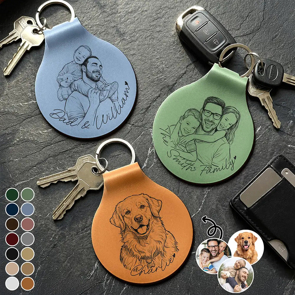 Custom Photo Bold Sketch Family Besties Dog Cat Portrait - Personalized Custom Shaped Leather Keychain