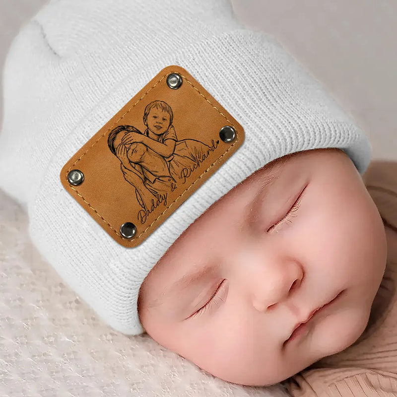 Gift For Father,Custom Photo,Art Design,Adorable,Photo - Pencil Sketch - Bold - Custom Photo Bold Sketch Family Dog Cat Portrait - Personalized Beanie With Leather Patch