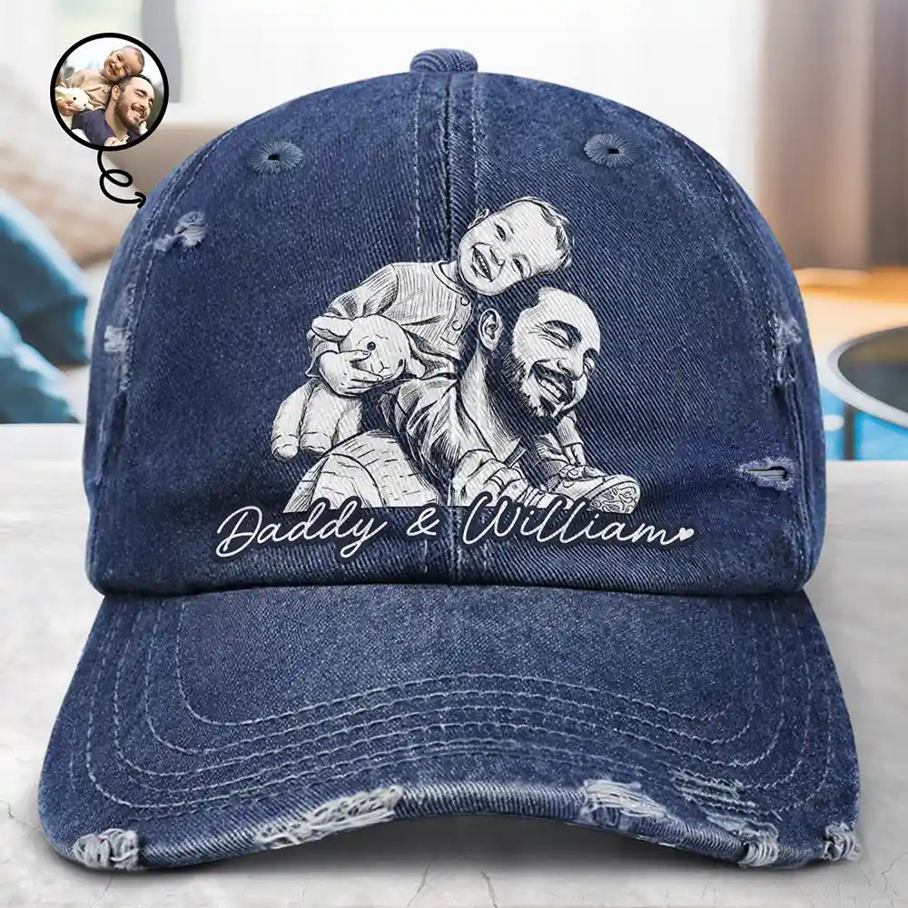 Custom Photo Bold Sketch Family Dog Cat Portrait - Personalized Distressed Cap